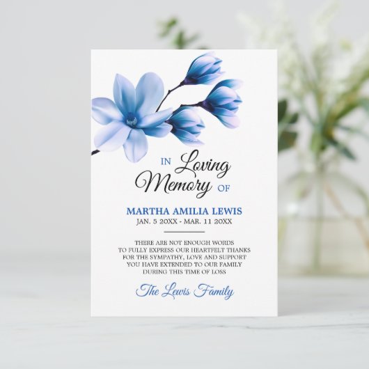 悔やみや弔慰メモリーフラワーブルーマグノリアありがとう サンキューカード (スタンド正面)