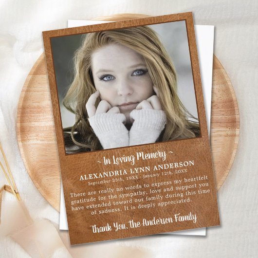 悔やみや弔慰モダンレザーのメモリーフォト葬儀 サンキューカード