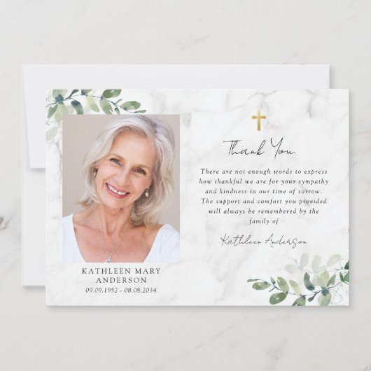 悔やみや弔慰ユーカリプトゥス十字写真葬儀 サンキューカード (正面)
