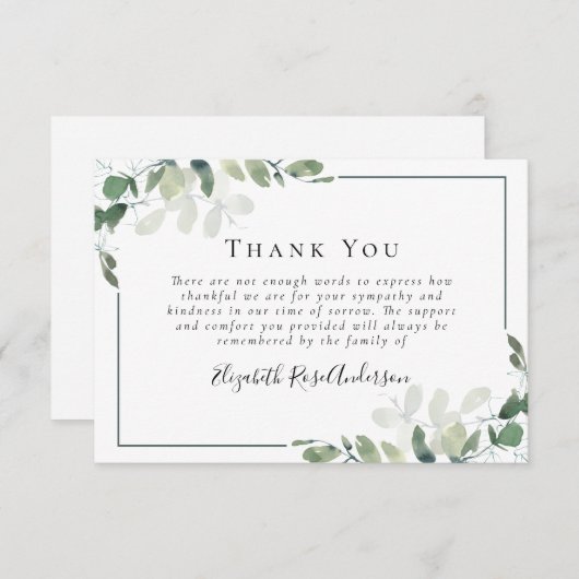 悔やみや弔慰ユーカリプトゥス葬儀サンキュー ノートカード (正面/裏面)