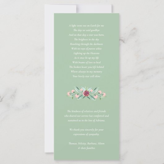 悔やみや弔慰ユーカリ写真葬儀サンキューカード (裏面)