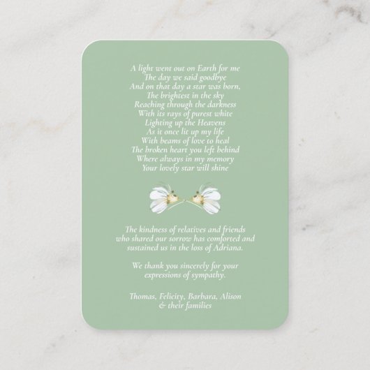 悔やみや弔慰ユーカリ写真葬儀祈りの言葉カード 名刺 (裏面)