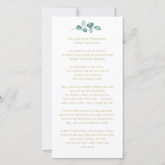 悔やみや弔慰ユーカリ写真金ゴールド葬儀祈りの言葉 (裏面)