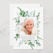 悔やみや弔慰ユーカリ緑のシルバーフォトメモリアル サンキューカード (正面/裏面)