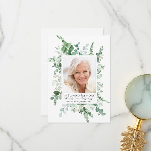 悔やみや弔慰ユーカリ緑カスタム園フォトメモリアル サンキューカード (正面/裏面インサイチュ)