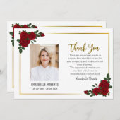 悔やみや弔慰レッドローズゴールデン縁どフォト葬儀 サンキューカード (正面/裏面)