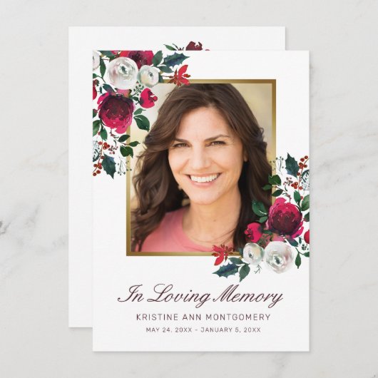 悔やみや弔慰レッドローズフローラレッドスクリプト写真葬儀 サンキューカード (正面/裏面)