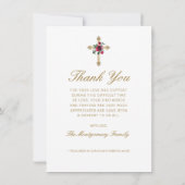 悔やみや弔慰レッドローズフローラ金ゴールドクロスフォト葬儀 サンキューカード (裏面)