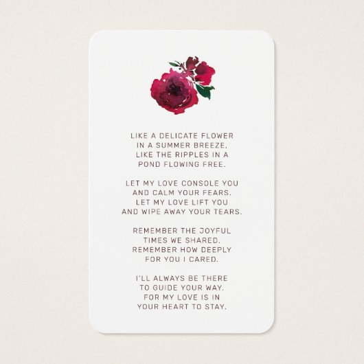 悔やみや弔慰レッドローズフローラ金ゴールドフォト祈りの言葉カード (裏面)