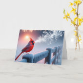 悔やみや弔慰レッド(鳥)ショウジョウコウカンチョウウィンターフェンスで歌う カード (黄色い花)