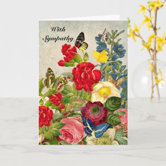 悔やみや弔慰ヴィンテージ花と蝶と詩 カード (黄色い花)