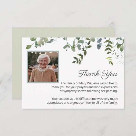 悔やみや弔慰写真グリーンリー葬儀ありがとう サンキューカード (正面/裏面)