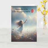 悔やみや弔慰小さな女の子付き赤風船付き カード (黄色い花)