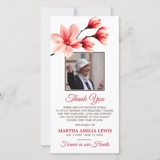 悔やみや弔慰愛するメモリーマグノリアありがとう写真 サンキューカード (正面)