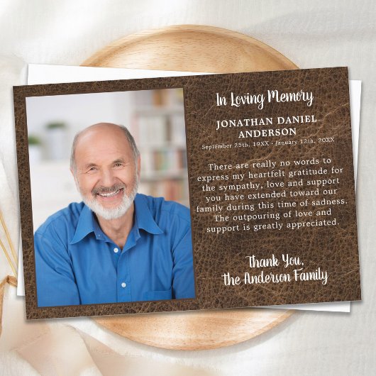 悔やみや弔慰愛の思い出の写真フェイク革の葬儀 サンキューカード