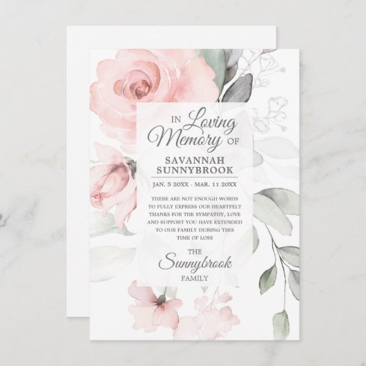 悔やみや弔慰愛の思い出ピンクローズフローラありがとう サンキューカード (正面/裏面)