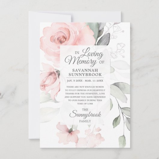 悔やみや弔慰愛の思い出ピンクローズフローラありがとう サンキューカード (正面)