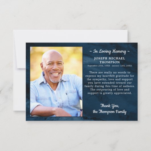悔やみや弔慰愛の記憶フォトブルーマーブル葬儀 サンキューカード (正面)