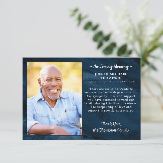 悔やみや弔慰愛の記憶フォトブルーマーブル葬儀 サンキューカード (スタンド正面)