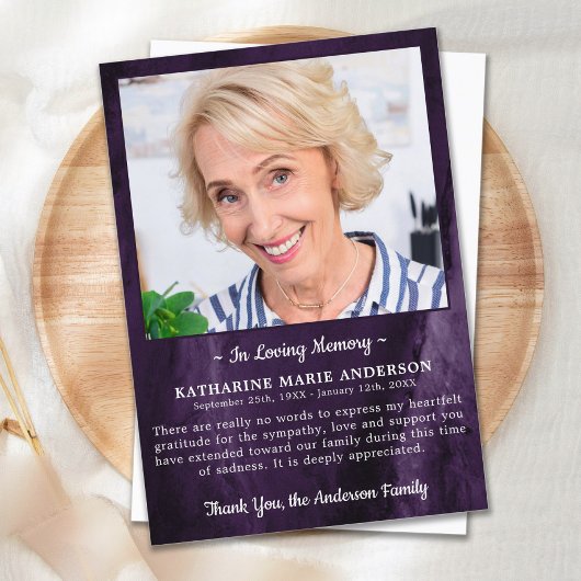 悔やみや弔慰愛の記憶フォトマーブルパープル葬儀 サンキューカード