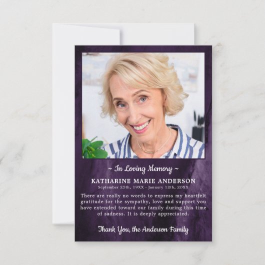 悔やみや弔慰愛の記憶フォトマーブルパープル葬儀 サンキューカード (正面)