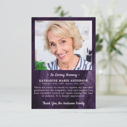 悔やみや弔慰愛の記憶フォトマーブルパープル葬儀 サンキューカード (スタンド正面)