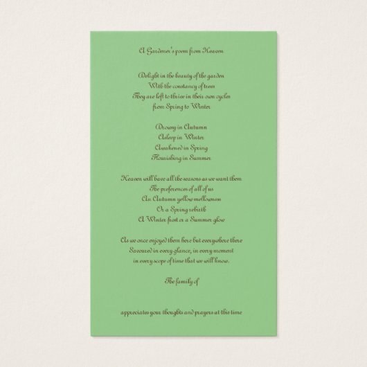 悔やみや弔慰感謝していガーデナーブックマーク記念カード (裏面)