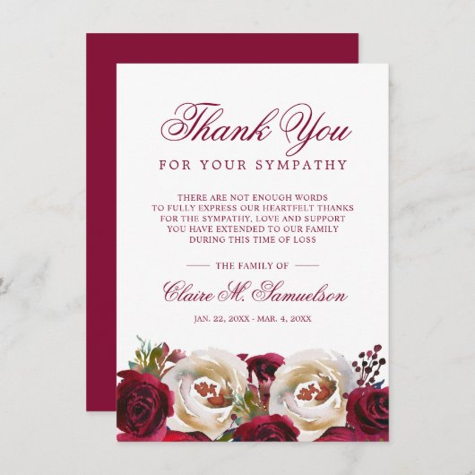 悔やみや弔慰水彩フローラブルゴーニュ葬儀 サンキューカード (正面/裏面)