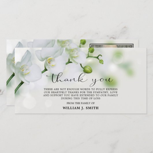 悔やみや弔慰白い蘭ありがとう |写真 サンキューカード (正面/裏面)