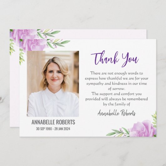 悔やみや弔慰紫とピンクの花写真葬儀 サンキューカード (正面/裏面)