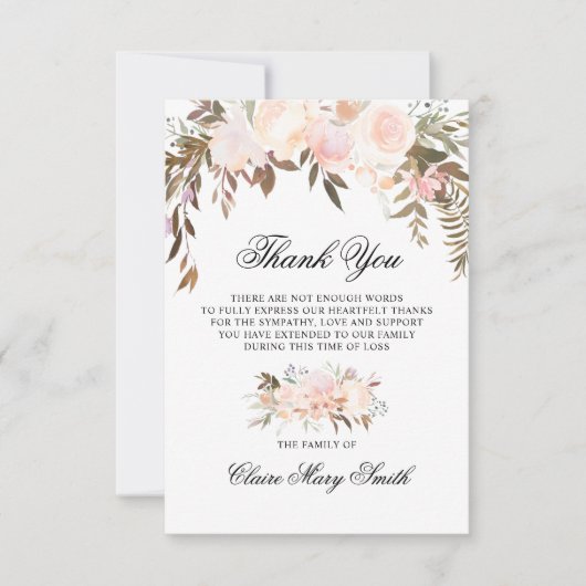 悔やみや弔慰葬儀サンキューウォーターカラーフローラピンク サンキューカード (正面)