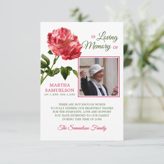 悔やみや弔慰葬儀フローラレッドヴィンテージバラありがとう サンキューカード (スタンド正面)