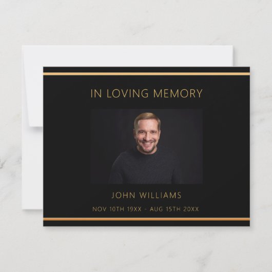 悔やみや弔慰葬儀ブラック金ゴールド写真サンキューカード (正面)