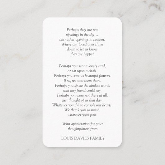 悔やみや弔慰葬儀ブルーアジサイ祈りの言葉カード 名刺 (裏面)