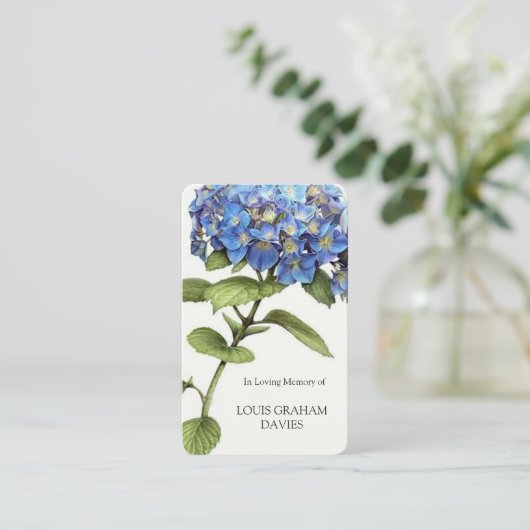 悔やみや弔慰葬儀ブルーアジサイ祈りの言葉カード 名刺 (スタンド正面)
