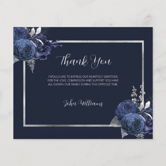 悔やみや弔慰葬儀ブルーフローラ写真サンキューカード (裏面)