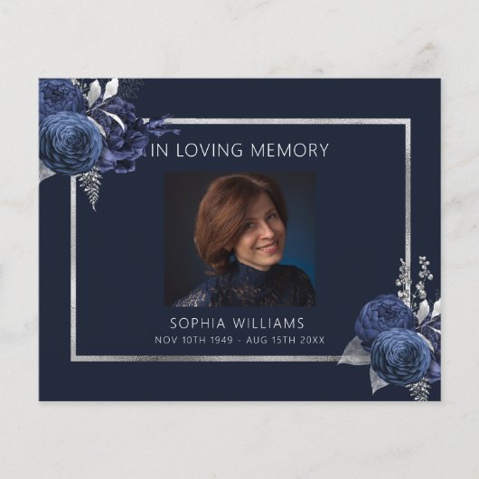 悔やみや弔慰葬儀ブルーフローラ写真サンキューカード (正面)