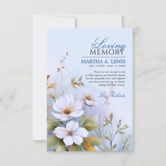 悔やみや弔慰葬儀ホワイトワイルドフラワーブルーありがとう カード (正面)