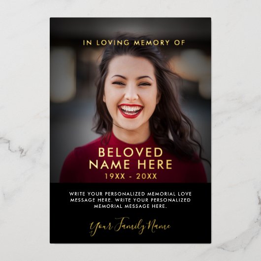 悔やみや弔慰葬儀メモリのフォトフォイルカード 箔招待状 (正面)