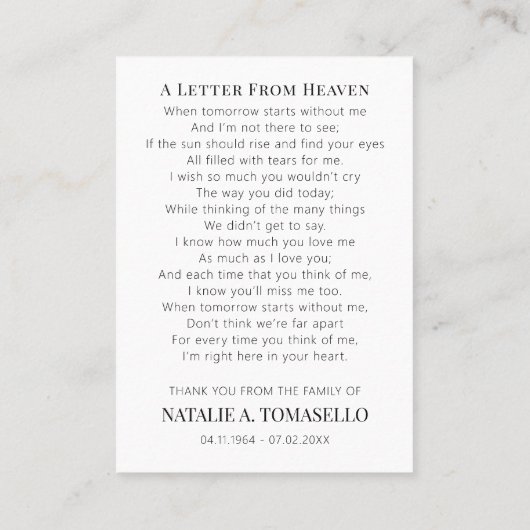 悔やみや弔慰葬儀記念写真祈りの言葉カード 名刺 (裏面)