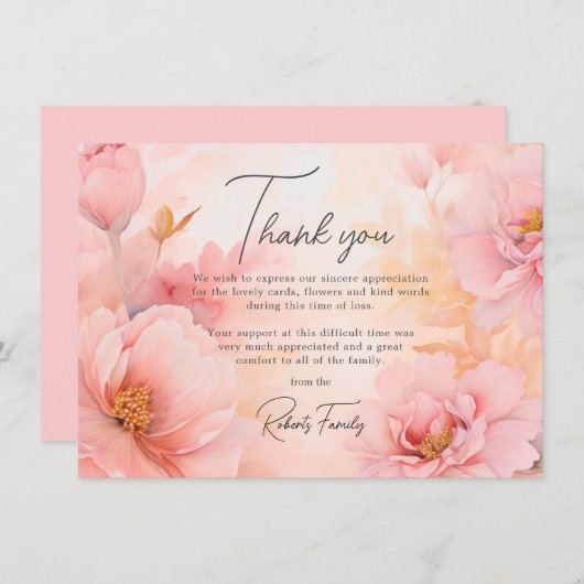 悔やみや弔慰葬式ピンク牡丹ヴィンテージありがとう サンキューカード (正面/裏面)