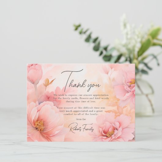悔やみや弔慰葬式ピンク牡丹ヴィンテージありがとう サンキューカード (スタンド正面)
