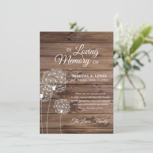 悔やみや弔慰記念ダンデリオンパ素朴ッピありがとう サンキューカード (スタンド正面)