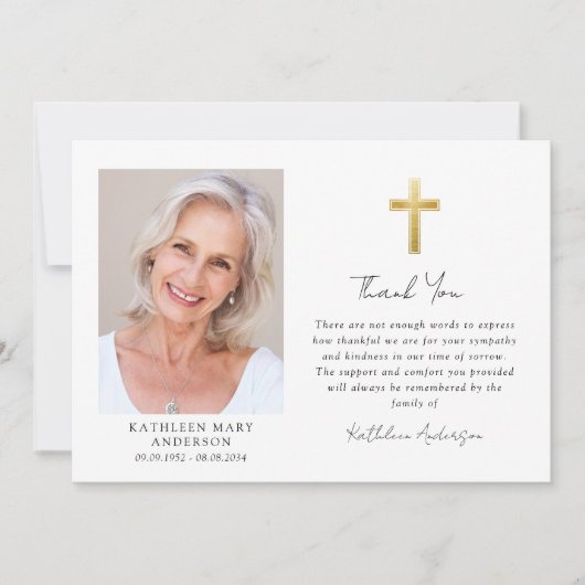 悔やみや弔慰金ゴールドクロスフォト葬儀 サンキューカード (正面)