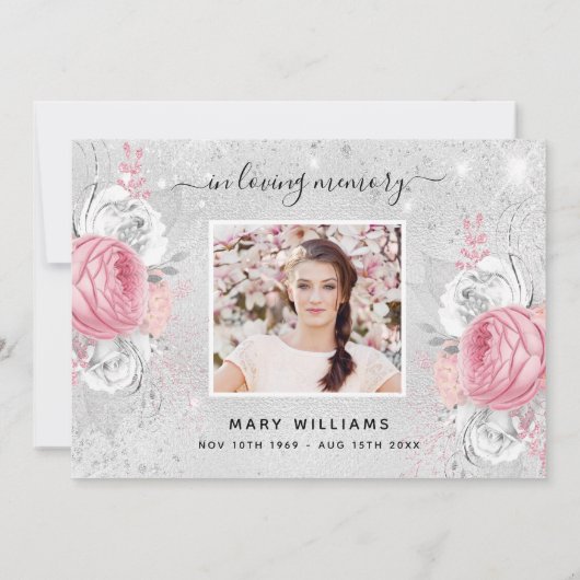 悔やみや弔慰銀グリッターピンクフローラ写真 サンキューカード (裏面)