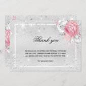悔やみや弔慰銀グリッターピンクフローラ写真 サンキューカード (正面/裏面)