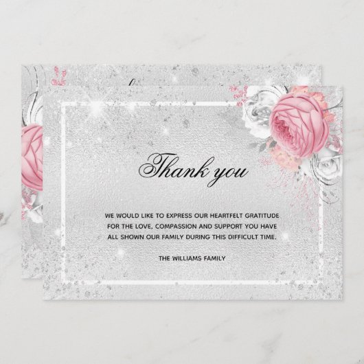 悔やみや弔慰銀グリッターピンクフローラ写真 サンキューカード (正面/裏面)