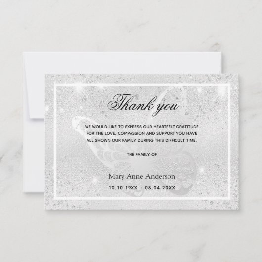 悔やみや弔慰銀蝶感謝してい蝶あなた サンキューカード (正面)