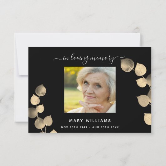 悔やみや弔慰黒黄金ユーカリ写真 サンキューカード (裏面)