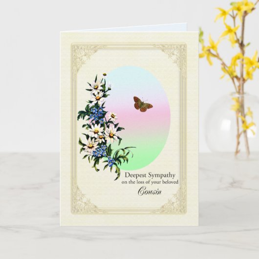 悔やみや弔慰，いとこと花と蝶を失う カード (黄色い花)